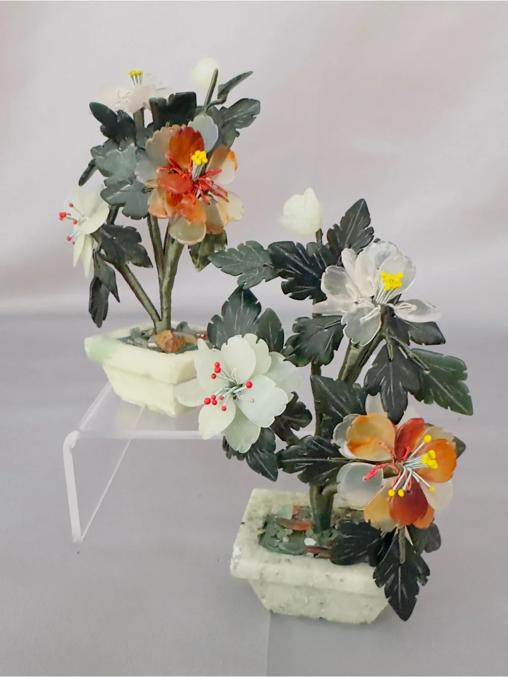 Asian Jade Hardstone Flower Bonsai Trees Jade Planter Pair - White and Orange
